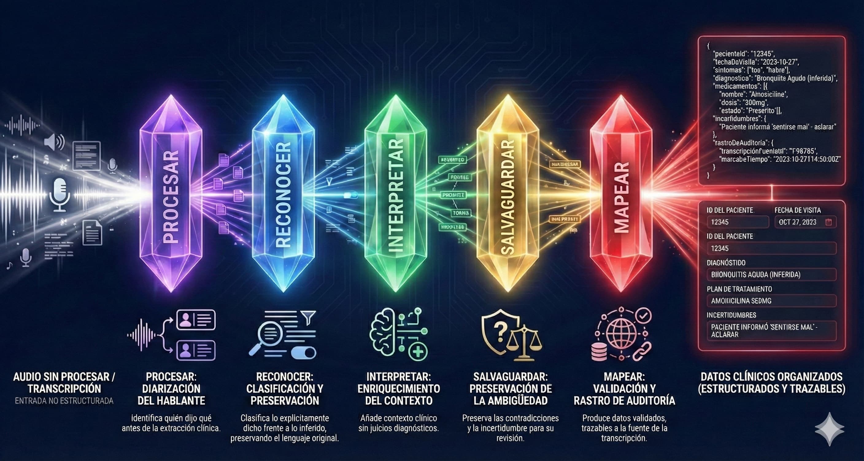 Pipeline de 5 Etapas PRISM: Procesar, Reconocer, Interpretar, Salvaguardar, Mapear